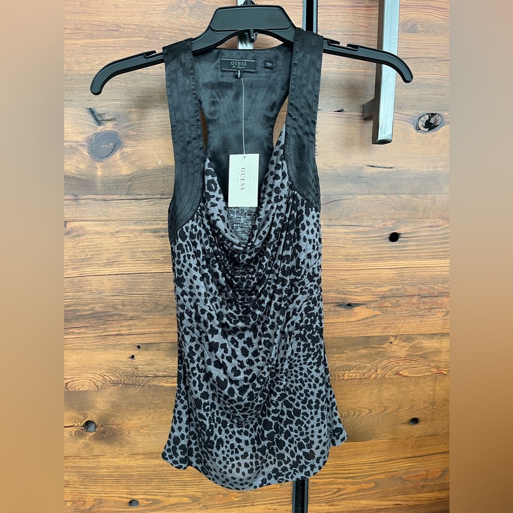 Guess Black and Gray Leopard Print Cowl Neck Tank Top NWT Size S